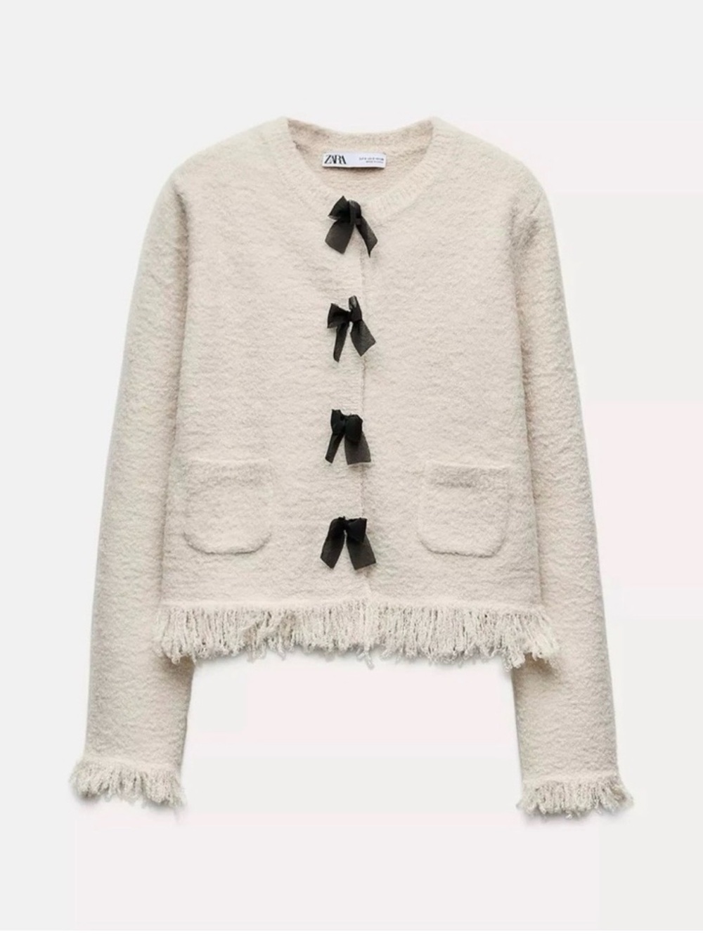 Zara Cream Bouclé Cardigan with Black Bow Closures
